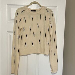 Kate Moss Equipment Cream Crewneck Sweater with Black Lightning Bolts